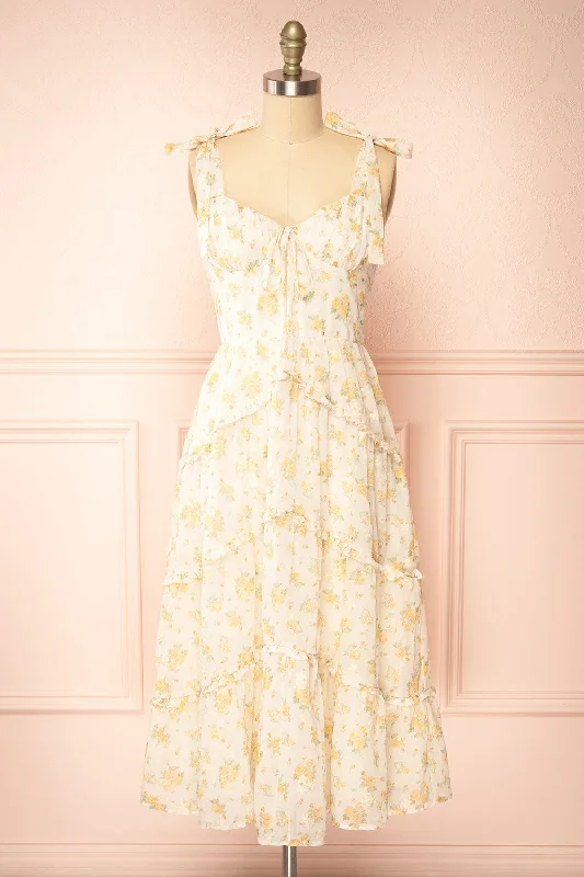 Ball Gown Women Dress with a Full Skirt for a Princess - like LookOmelta | Ivory Midi Dress w/ Yellow Roses Motif