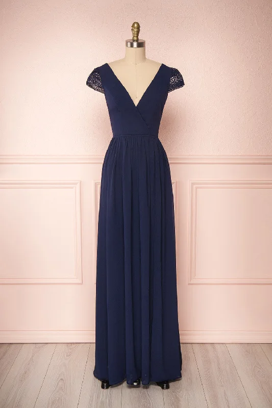 Mini Women Dress with a Short Hem for a Young and Trendy StyleSenji Navy | Backless Chiffon & Lace Gown