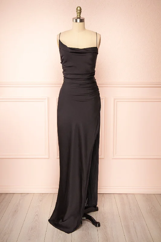 Empire Waist Women Dress to Accentuate the Bust and Conceal the WaistSevika Black | Maxi Satin Dress w/ Cowl Neck