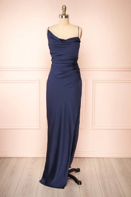 Strapless Women Dress with a Built - in Bra for Comfort and SupportSevika Navy | Maxi Satin Dress w/ Cowl Neck