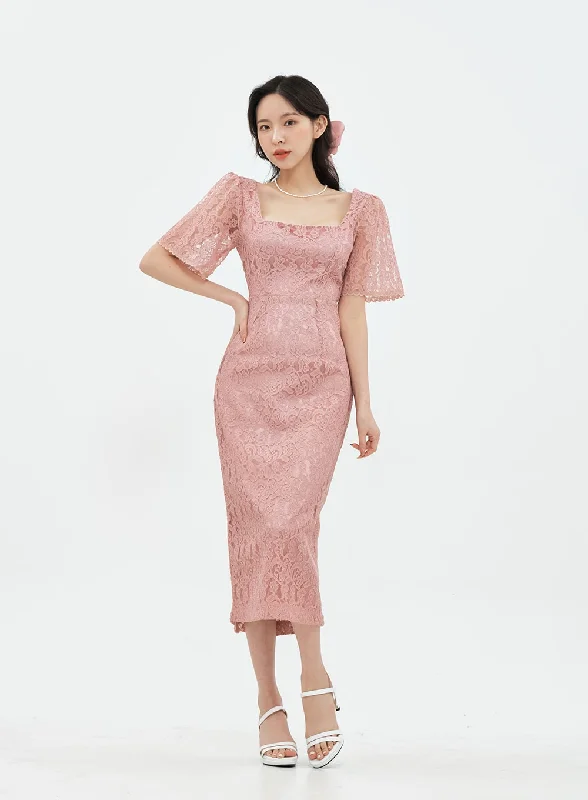 Lace - Embellished Women Dress for an Elegant and Sophisticated AppearanceSquare Neck Lace Maxi Party Dress IA13