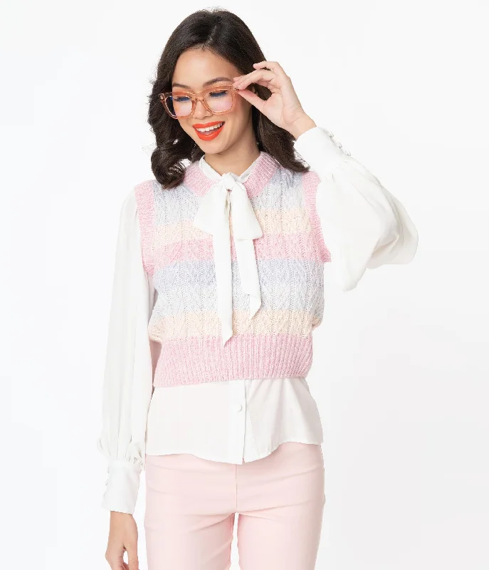 machine washable women cardigan for easy care1970s Style Pastel Rainbow Stripe Crop Sweater Vest