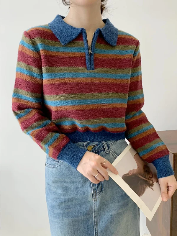 cropped women cardigan to pair with high - waisted jeansAutumn Vintage Stripe Polo Sweater (Blue/Red)