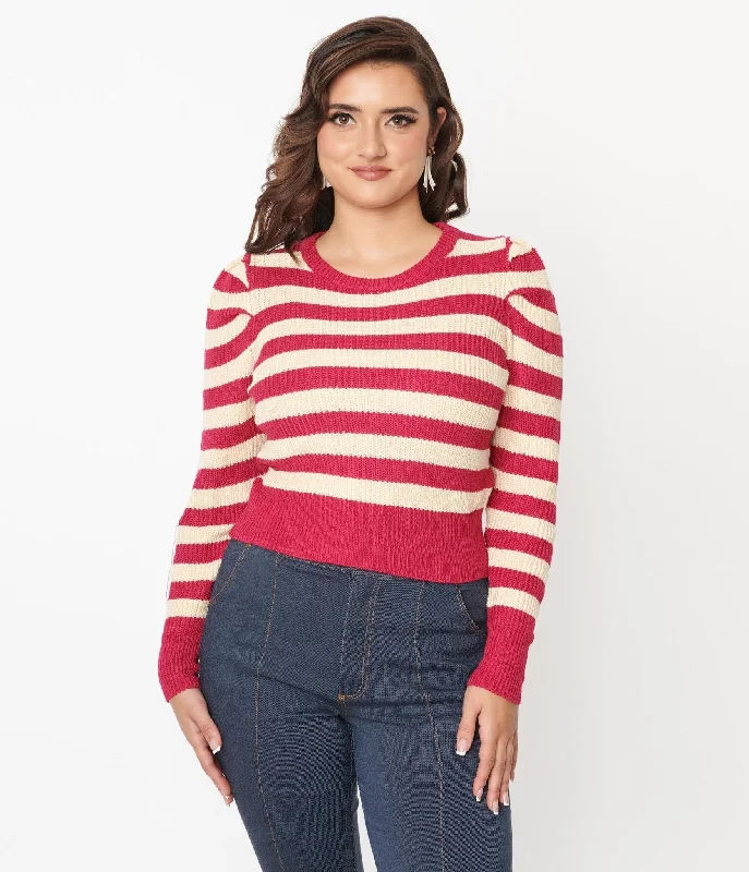 plus size women cardigan for comfortable layeringBerry Pink & Cream Stripe Sweater