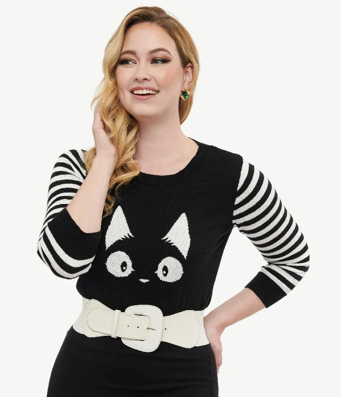 sequin embellished women cardigan for special occasionsBlack & White Stripe Knit Kitty Sweater