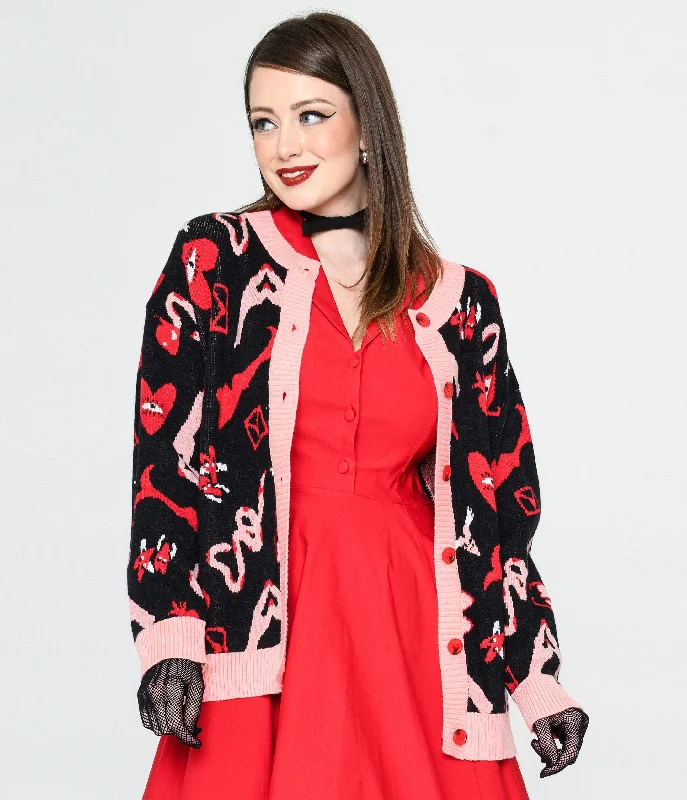 color block women cardigan with bold huesBlack & Valentines Print Long Cardigan