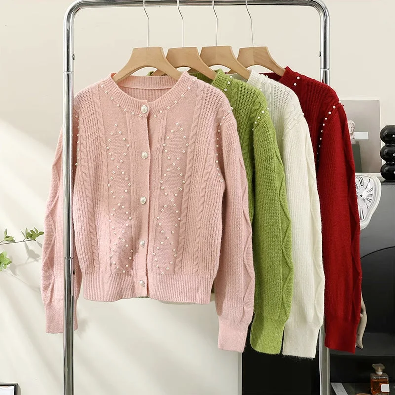 ribbed women cardigan with a classic textureBraided Knit Pearl Cardigan (4 Colors)