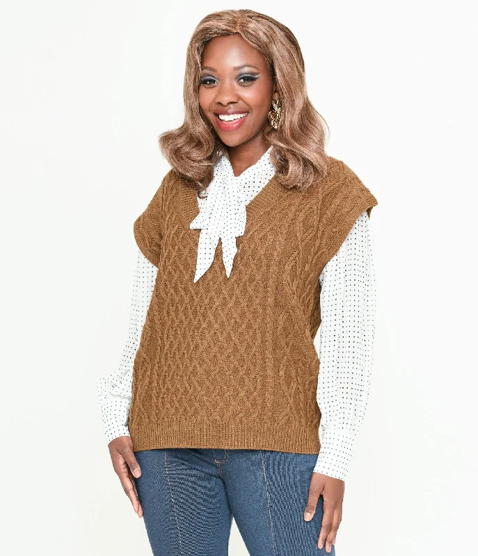 plus size women cardigan for comfortable layeringBrown Cable Knit Sweater Vest