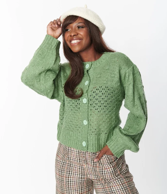 cashmere blend women cardigan for a luxurious feelGreen Eyelet Pom Pom Puff Sleeve Cardigan