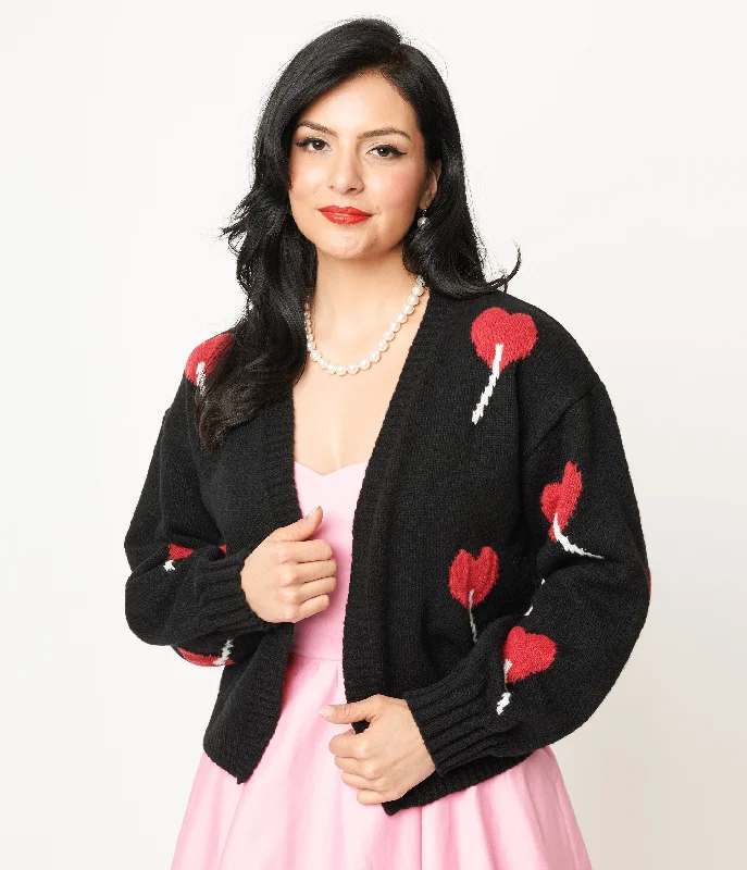 long length women cardigan with side slitsMagnolia Place Black Heart Lollipop Open Cardigan