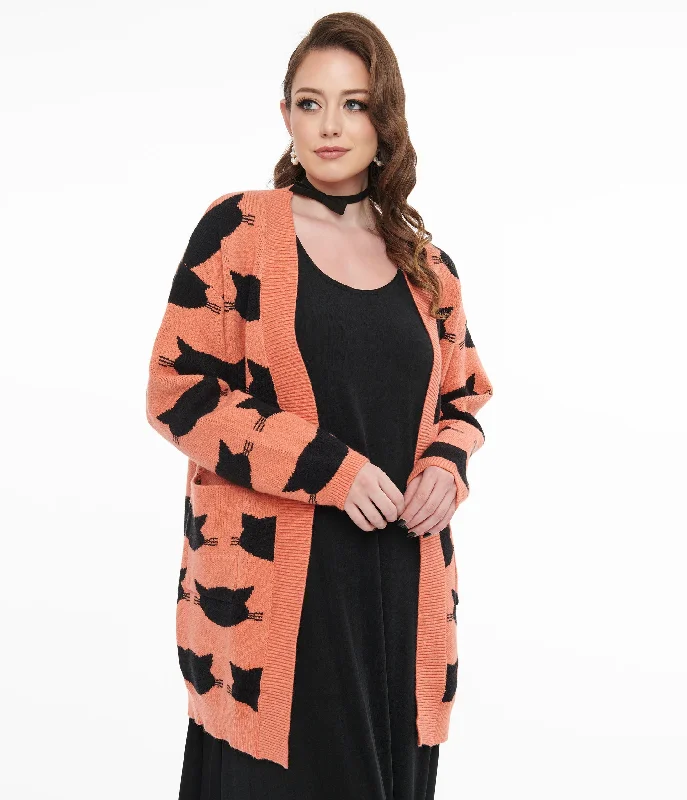 open front women cardigan for easy stylingMagnolia Place Orange & Black Cat Cardigan