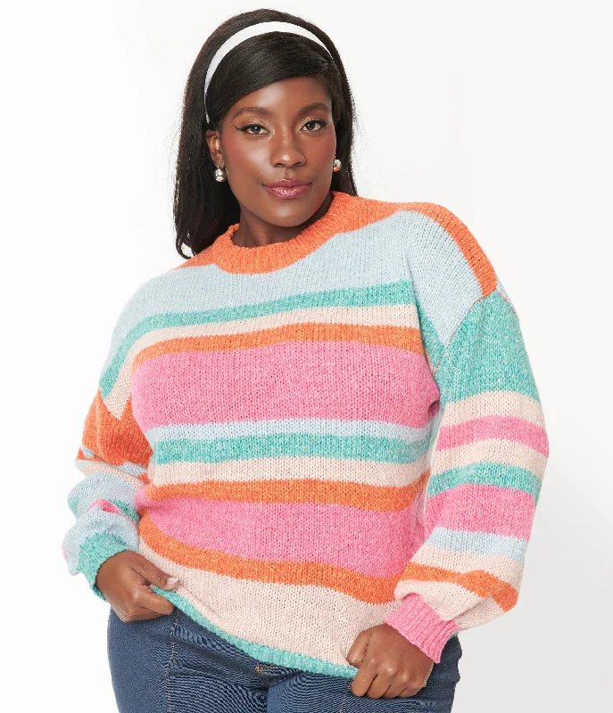 hand knitted women cardigan with artisanal charmMulticolor Striped Pullover Sweater