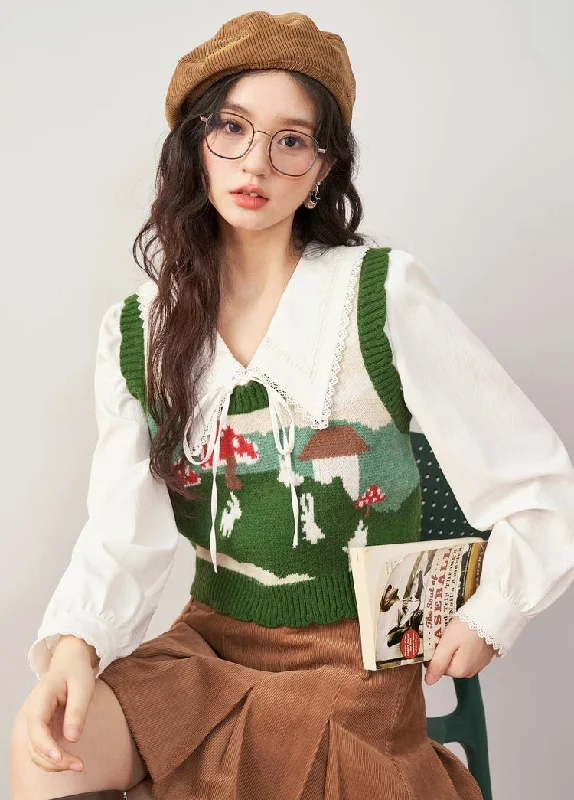 boyfriend style women cardigan for a relaxed fitMushroom Bunny Vest (Green)