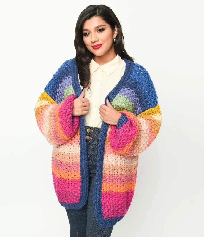 cropped women cardigan to pair with high - waisted jeansNavy & Multicolor Striped Crochet Knit Open Cardigan