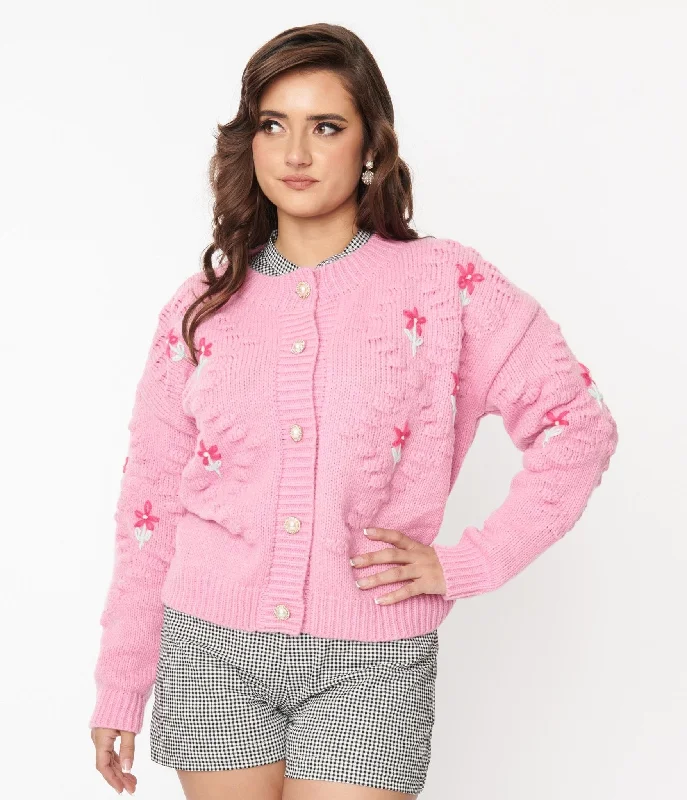 cable knit women cardigan with intricate patternsPink Floral Cable Knit Cardigan