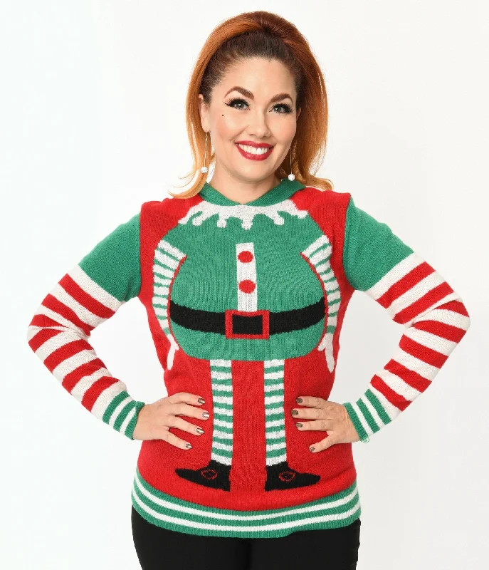 v neck women cardigan to elongate the necklineRed & Green Elf Hooded Holiday Sweater