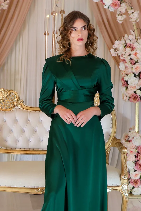 long length women cardigan with side slitsRenae Satin Dress- Emerald Green