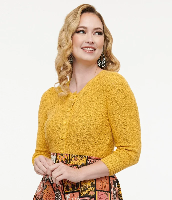 ribbed women cardigan with a classic textureRetro Style Honey Yellow Cotton Crochet Sleeved Button Cardigan