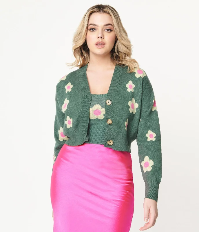 long length women cardigan with side slitsTeal Green & Mint Daisy Cardigan