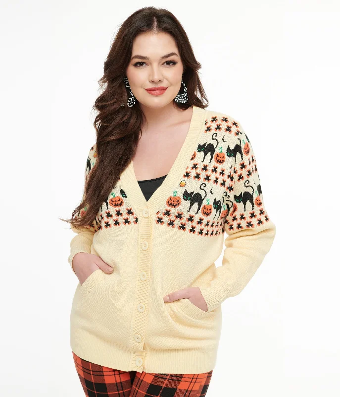 v neck women cardigan to elongate the necklineUnique Vintage 1960s Ivory & Orange Halloween Print Cardigan