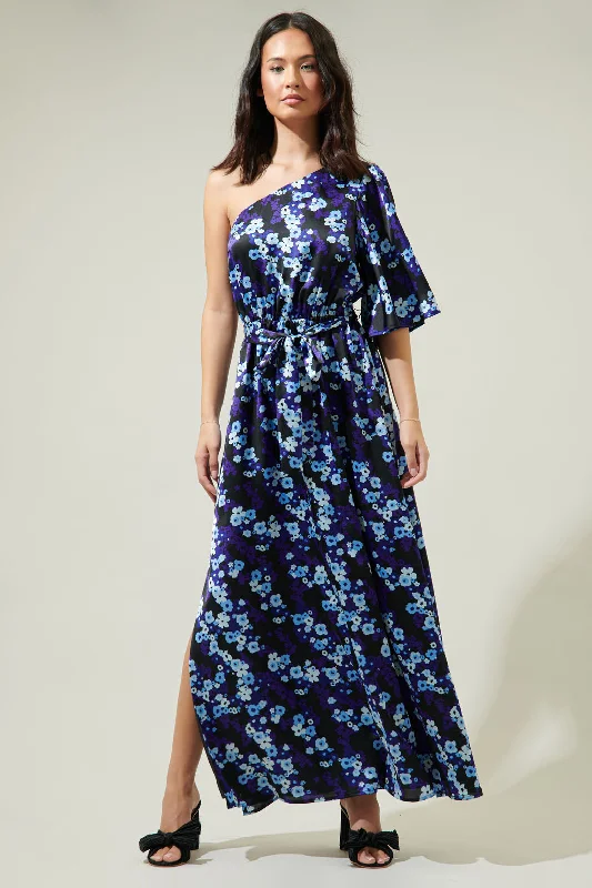 Printed Abstract Women Dress for a Modern and Artistic AppealAster Bloom Meara One Shoulder Satin Maxi Dress