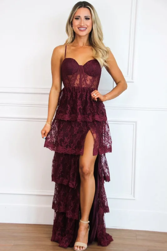 Halter Neck Women Dress to Show Off the Shoulders and NecklineBeyond Romance Ruffle Lace Bustier Maxi Dress: Wine