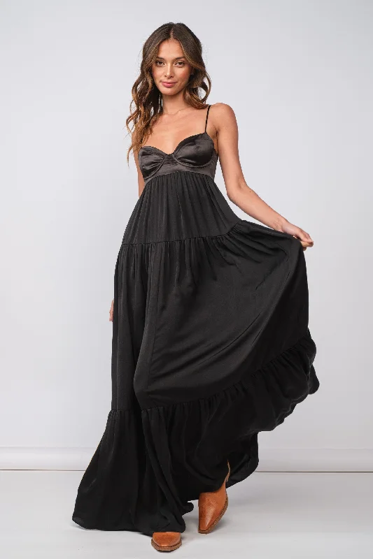 Sleeveless Women Dress in Bright Colors for Summer PartiesBlaire Black Satin Tiered Maxi Dress