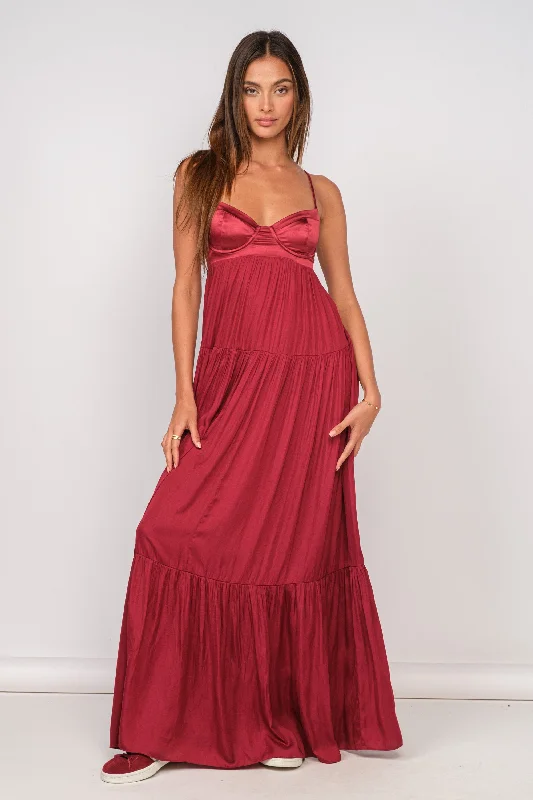 Little Black Women Dress with Sequins for a Glamorous Night OutBlaire Burgundy Satin Tiered Maxi Dress