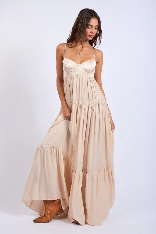 Halter Neck Women Dress to Show Off the Shoulders and NecklineBlaire Nude Satin Tiered Maxi Dress