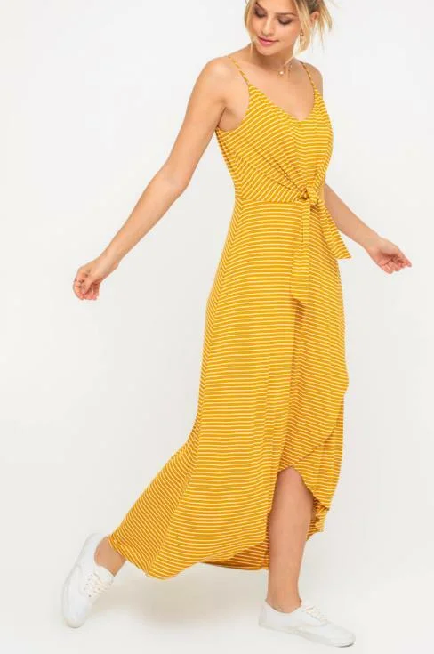 Sheath Women Dress with a Tailored Fit for a Professional LookConsider This Mustard and White Striped Maxi Tank Dress