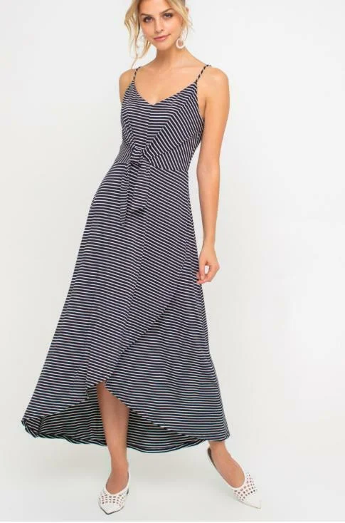 Printed Abstract Women Dress for a Modern and Artistic AppealConsider This Navy Blue and White Striped Maxi Tank Dress