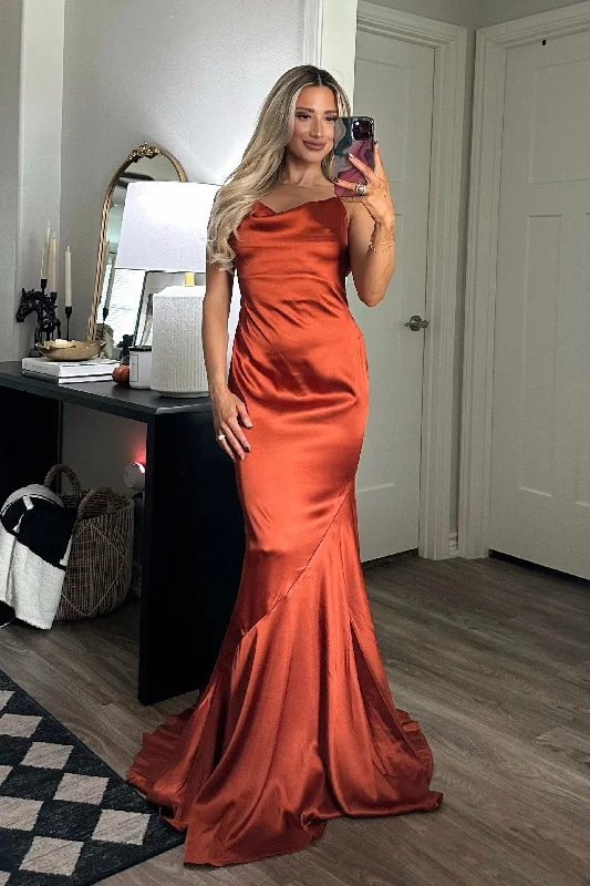 Mermaid - Style Women Dress with a Fitted Silhouette for Special OccasionsEzra Cowl Back Satin Maxi Dress: Rust