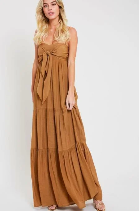 Mermaid - Style Women Dress with a Fitted Silhouette for Special OccasionsFalling In Love Tie-Front Tiered Camel Maxi Dress