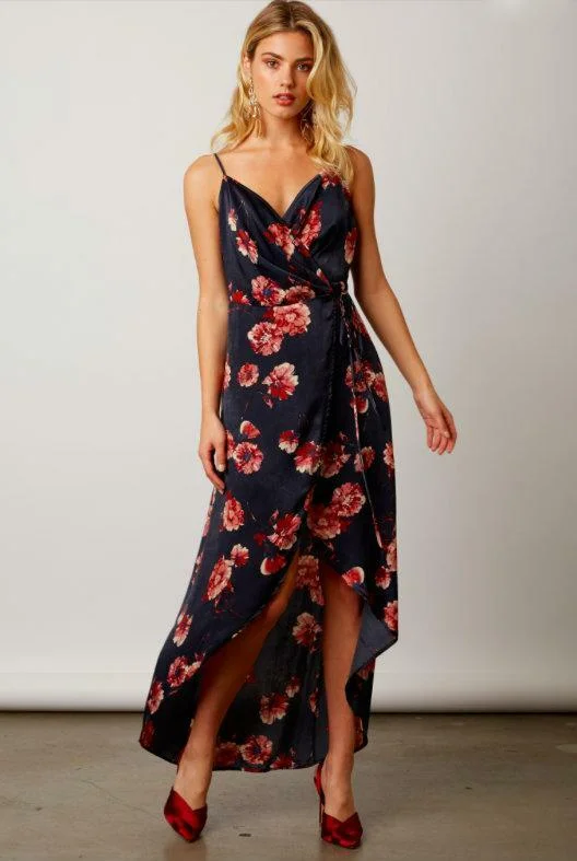 Mini Women Dress with a Short Hem for a Young and Trendy StyleHeidi Navy Satin Floral Wrap Dress