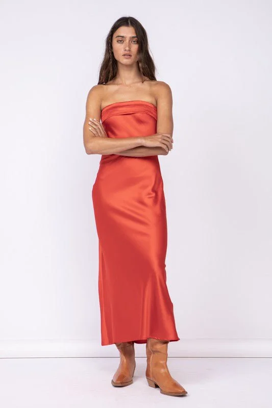 Strapless Women Dress with a Built - in Bra for Comfort and SupportIrene Red Satin Strapless Maxi Dress