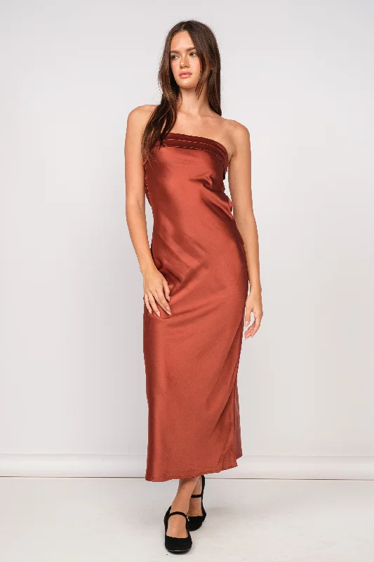 Plus Size Women Dress with a Flattering A - Line Cut for Comfort and StyleIrene Rust Satin Strapless Maxi Dress