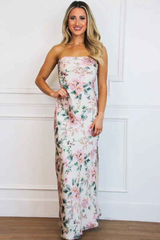 Long - Sleeve Women Dress in Velvet for a Luxurious Winter LookLocklin Strapless Satin Floral Maxi Dress: Pale Pink