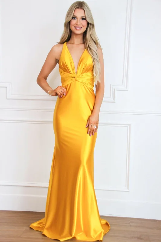 Strapless Women Dress with a Built - in Bra for Comfort and SupportMake You Look Backless Satin Formal Dress: Marigold