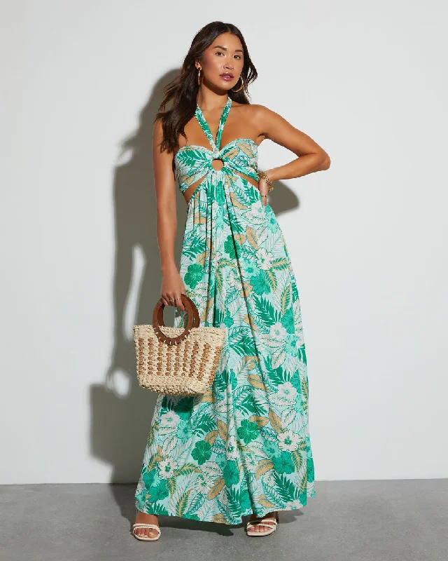 Ruffled Women Dress with Multiple Layers for a Playful and Girly StyleMoana Halter Tropical Print Maxi Dress