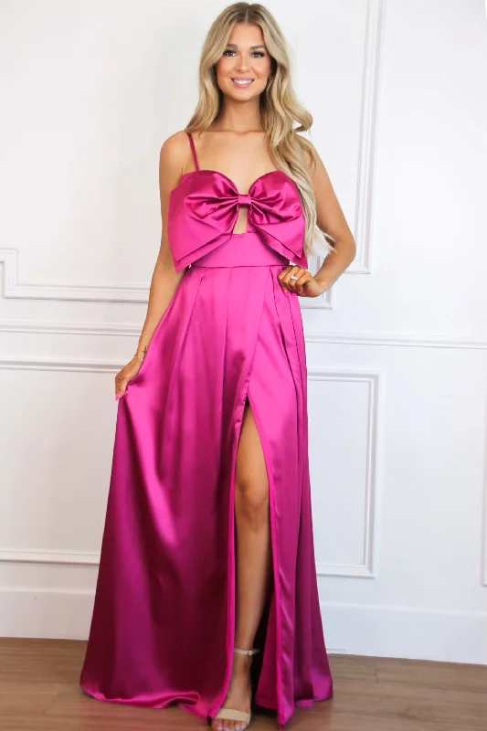 Ball Gown Women Dress with a Full Skirt for a Princess - like LookRyanne Oversized Bow Satin Maxi Dress: Fuchsia