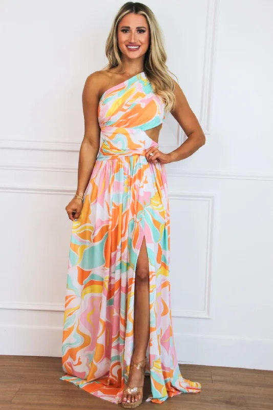 Mermaid - Style Women Dress with a Fitted Silhouette for Special OccasionsShoreside Abstract One Shoulder Maxi Dress: Pink/Orange Multi