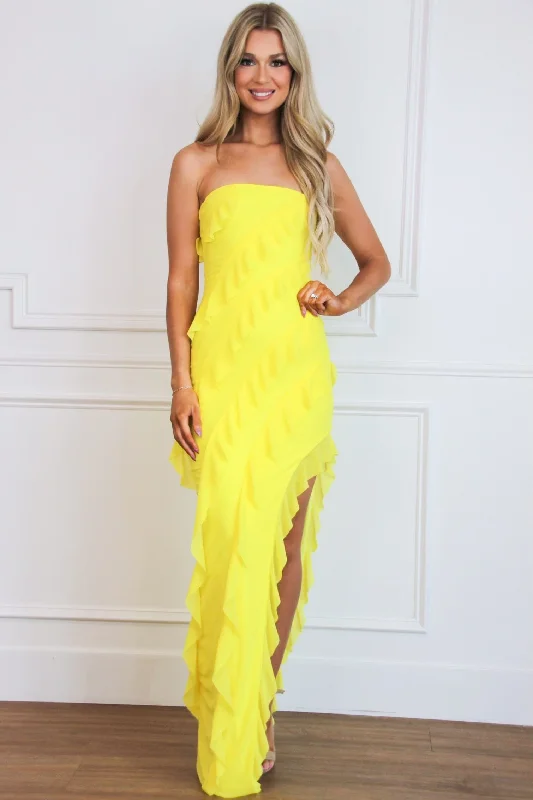 Wrap - Style Women Dress with Adjustable Fit for All Body TypesSilvana Strapless Ruffle Maxi Dress: Yellow