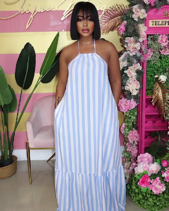 Mermaid - Style Women Dress with a Fitted Silhouette for Special OccasionsStaycation Blue & White Striped Maxi