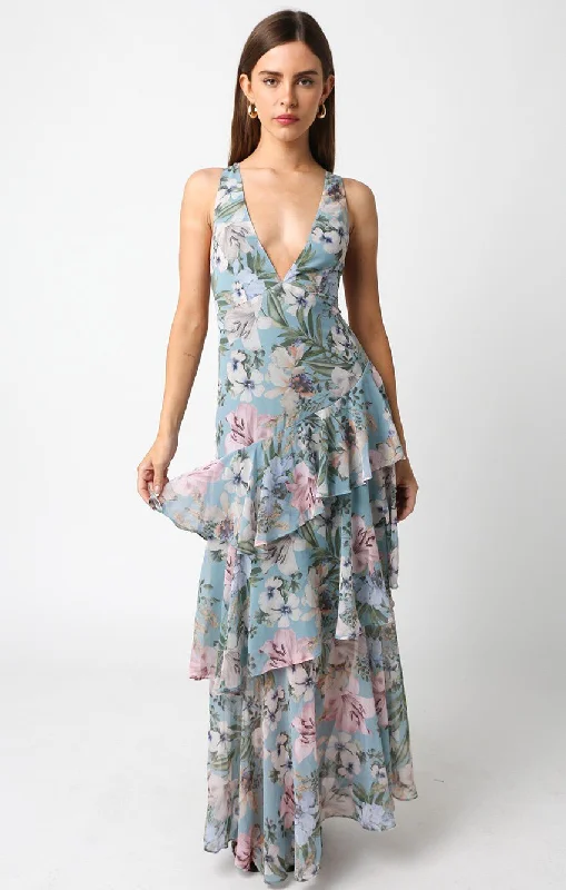 Mini Women Dress with a Short Hem for a Young and Trendy StyleStella Dusty Blue Floral Tiered Ruffle Maxi Dress