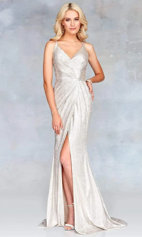 Pleated Women Dress with a Timeless and Elegant TextureClarisse - 3766 V Neck Strappy Back Glitter Knit Evening Gown